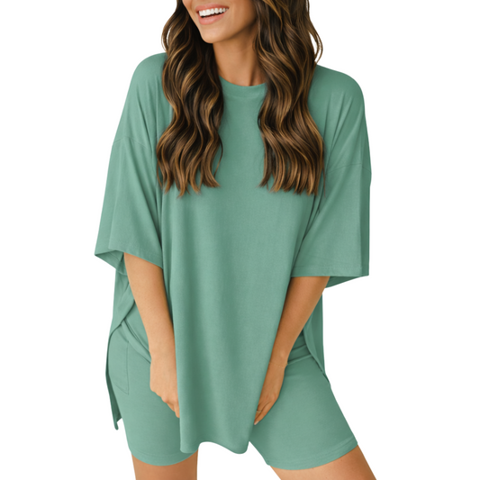 Women Solid Loose Short Sleeve Loungewear Set