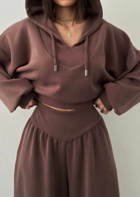 Women’s V-Neck Cropped Hoodie & Wide Leg Pants 2-Piece Set
