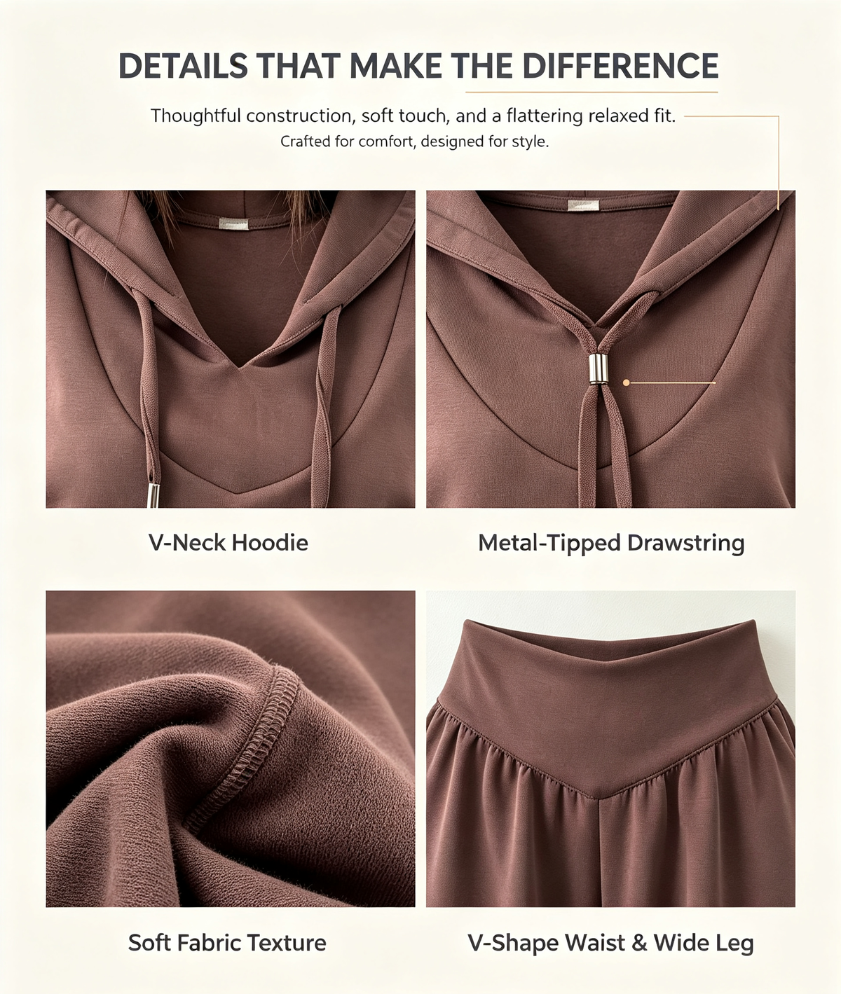 Women’s V-Neck Cropped Hoodie & Wide Leg Pants 2-Piece Set