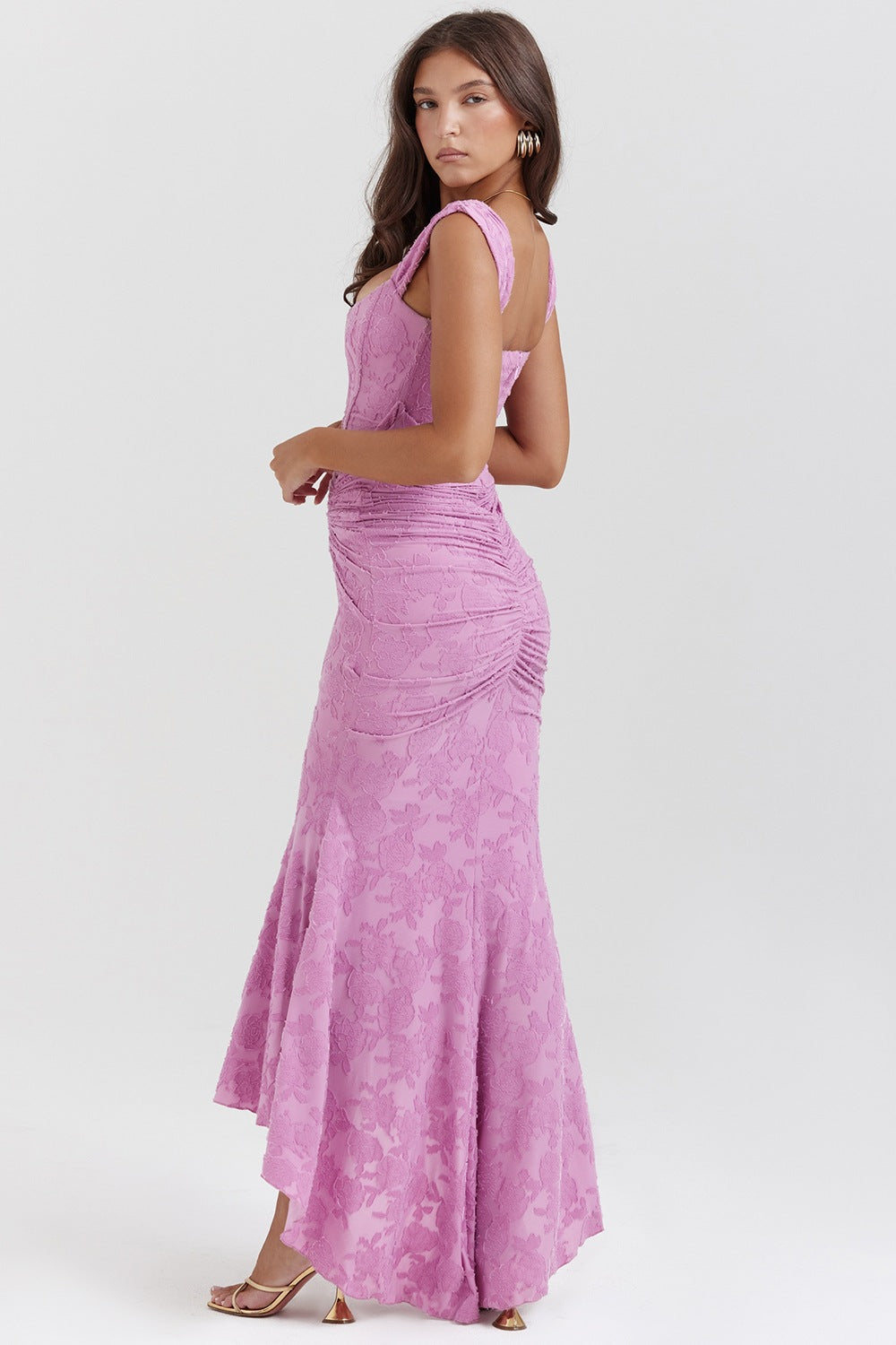 Textured Floral Corset Midi Dress | Low Square Neck Evening Gown