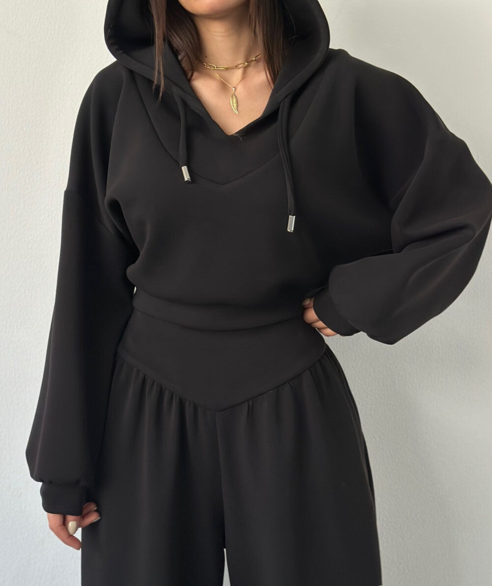 Women’s V-Neck Cropped Hoodie & Wide Leg Pants 2-Piece Set