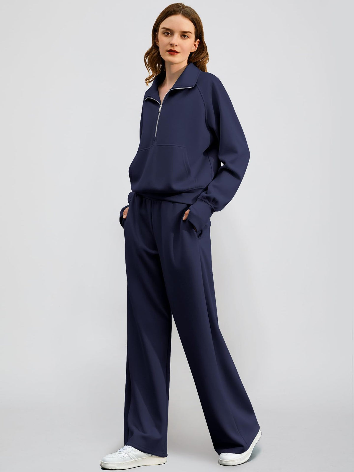 Women’s Half-Zip Sweatshirt Wide Leg Pants 2-Piece Set