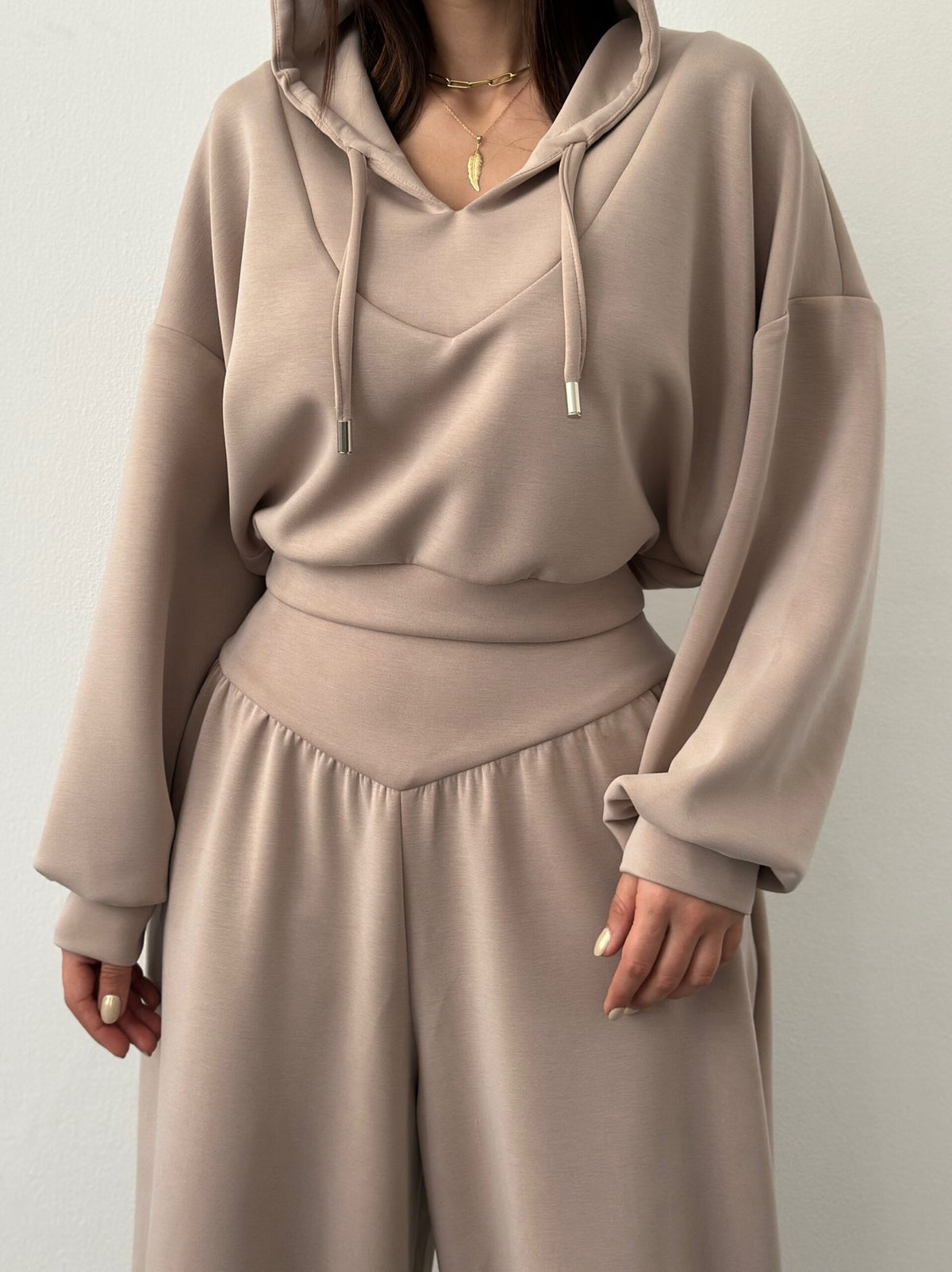 Women’s V-Neck Cropped Hoodie & Wide Leg Pants 2-Piece Set