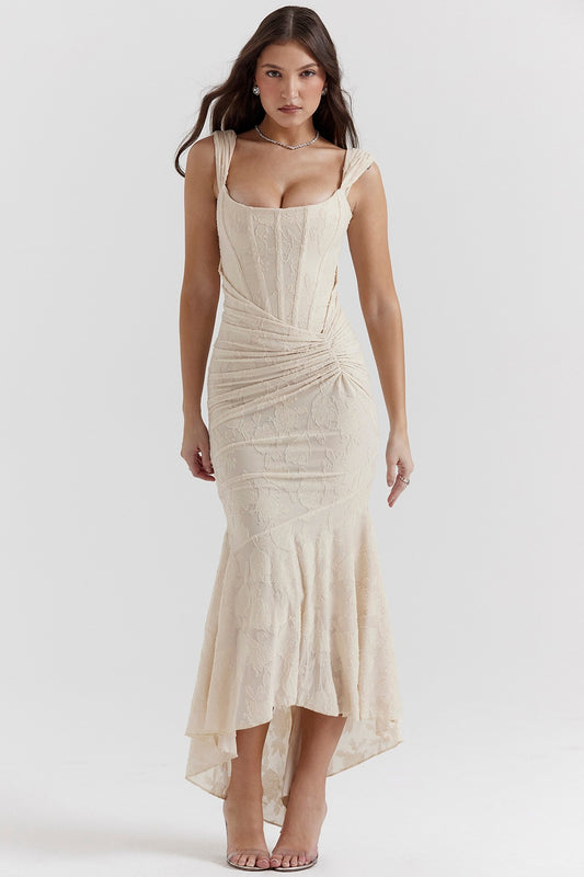 Textured Floral Corset Midi Dress | Low Square Neck Evening Gown