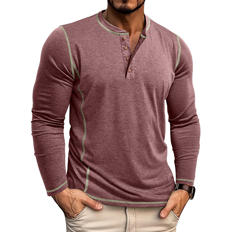 Men's Contrast Stitching Long Sleeve Henley T-Shirt