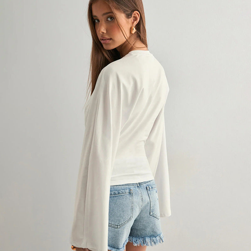 Solid Crew Neck Batwing Long Sleeve Top