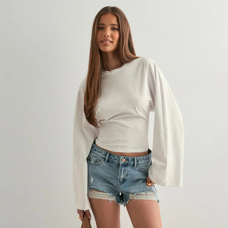 Solid Crew Neck Batwing Long Sleeve Top