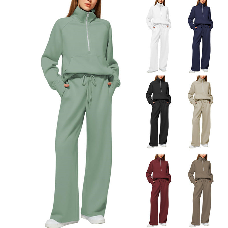 Women’s Half-Zip Sweatshirt Wide Leg Pants 2-Piece Set
