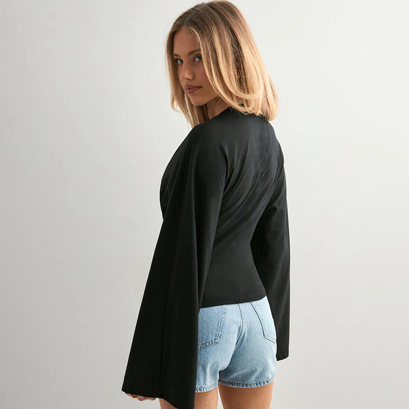 Solid Crew Neck Batwing Long Sleeve Top