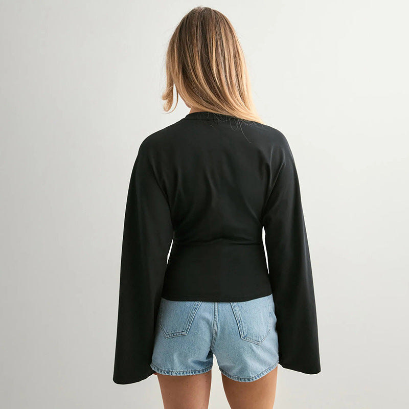 Solid Crew Neck Batwing Long Sleeve Top