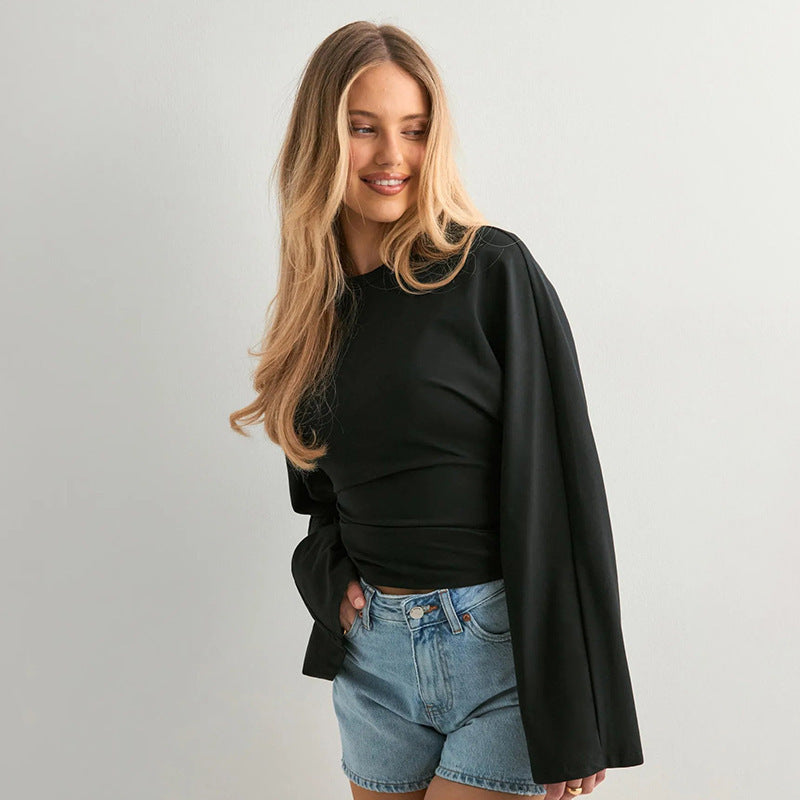Solid Crew Neck Batwing Long Sleeve Top