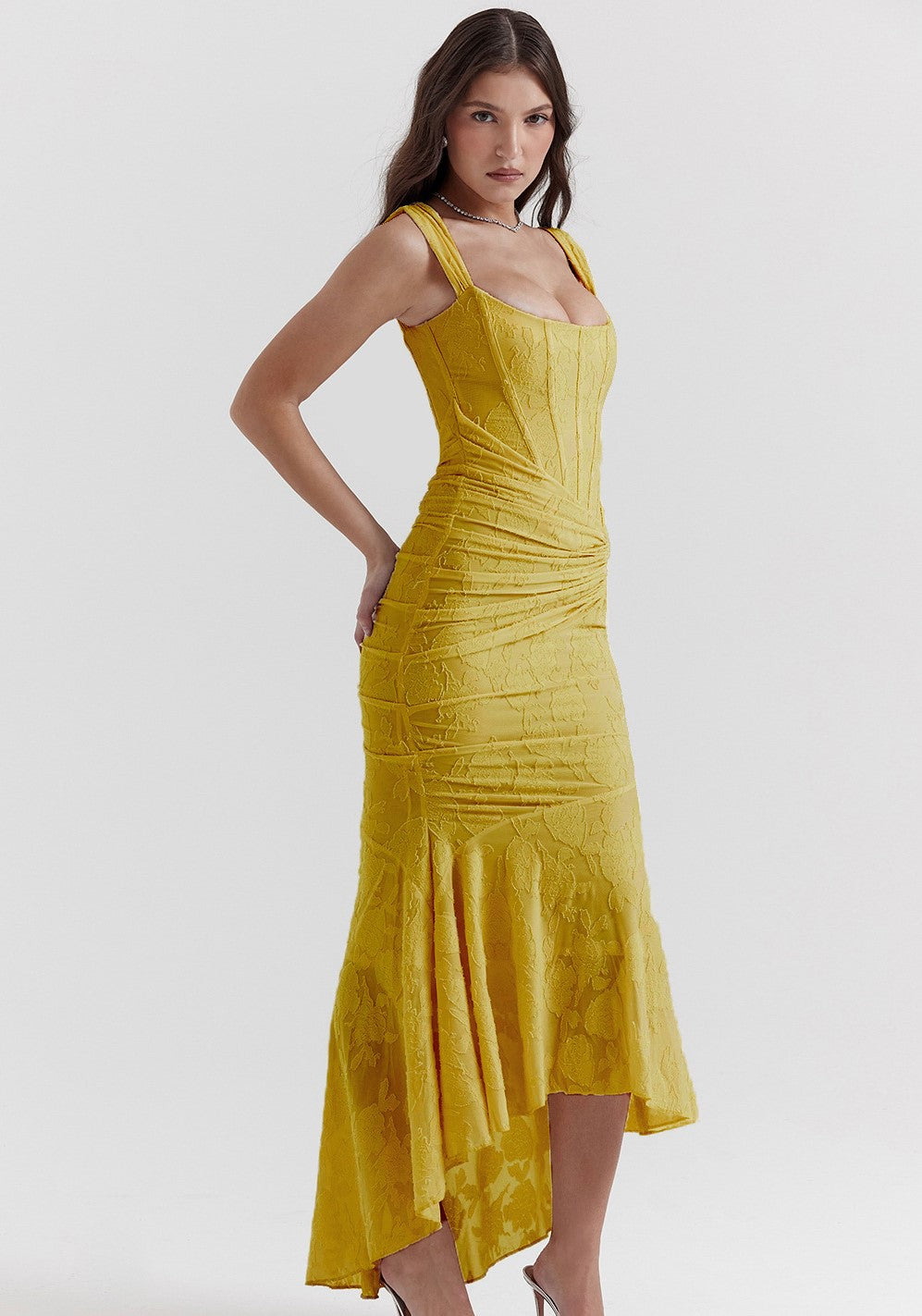 Textured Floral Corset Midi Dress | Low Square Neck Evening Gown