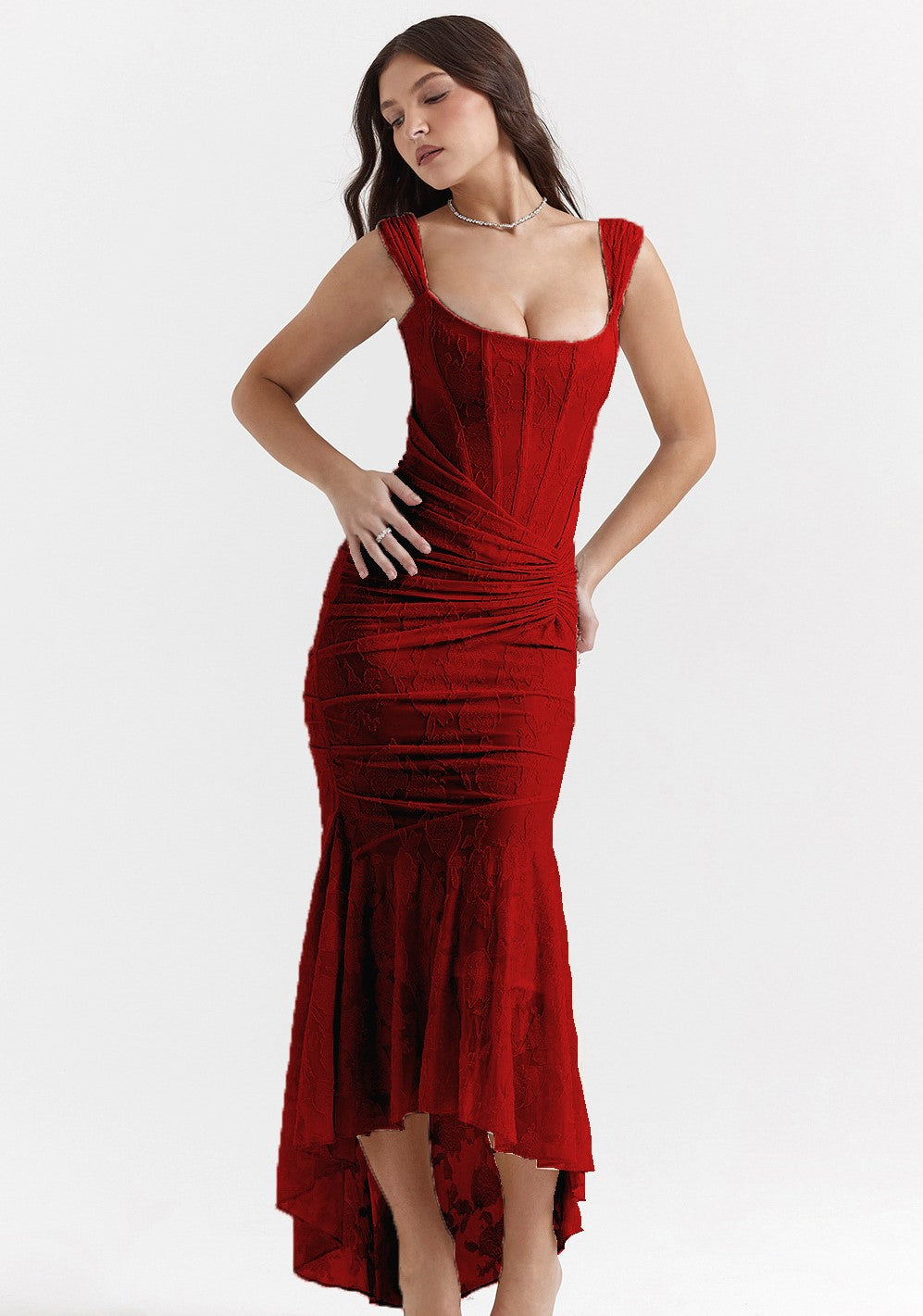 Textured Floral Corset Midi Dress | Low Square Neck Evening Gown