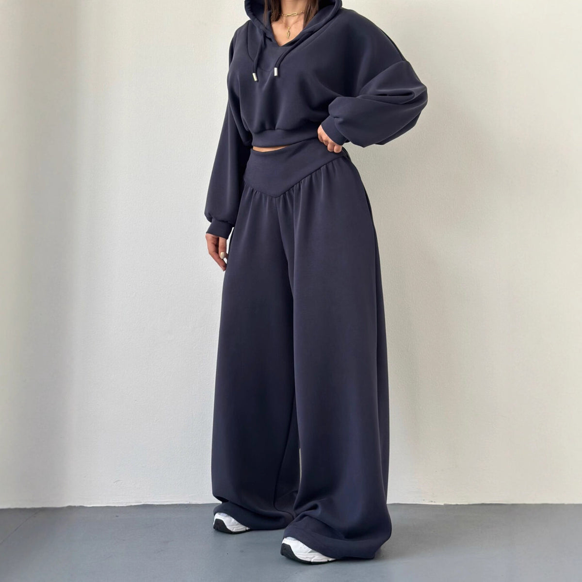 Women’s V-Neck Cropped Hoodie & Wide Leg Pants 2-Piece Set