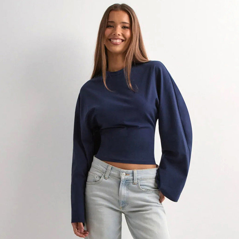 Solid Crew Neck Batwing Long Sleeve Top