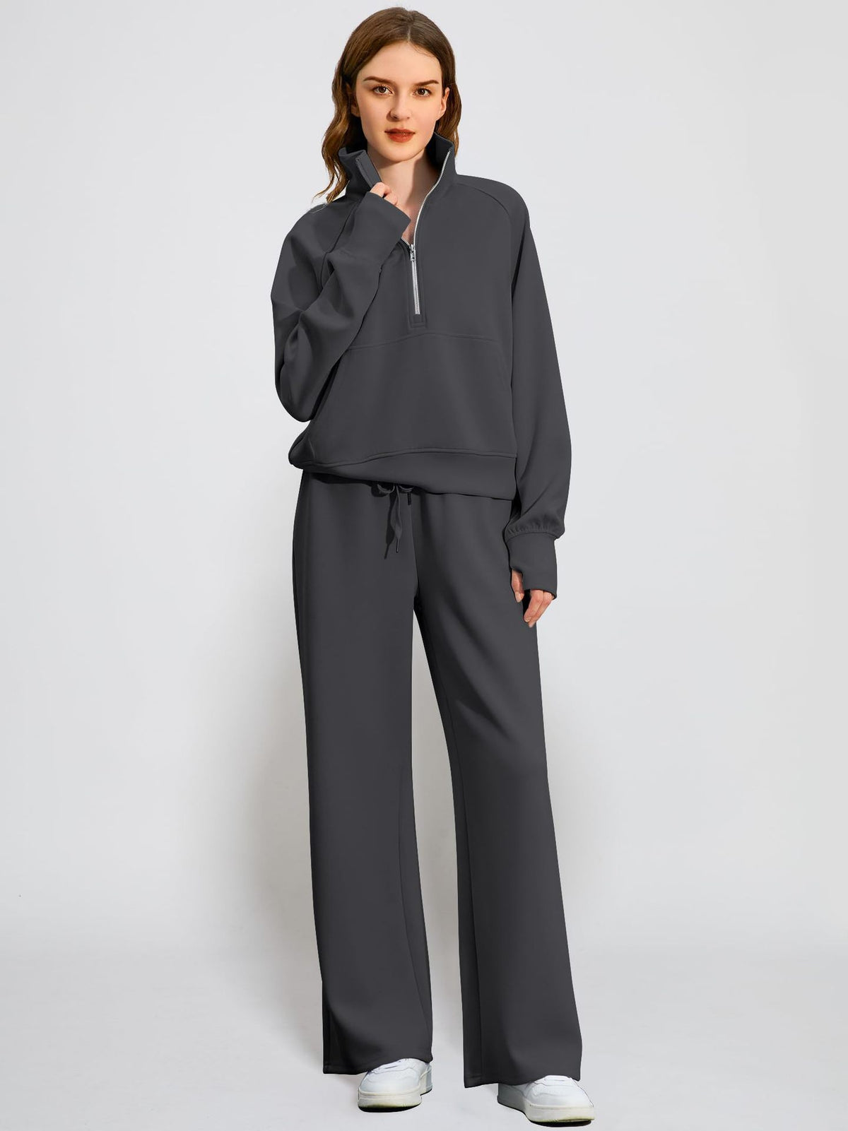 Women’s Half-Zip Sweatshirt Wide Leg Pants 2-Piece Set