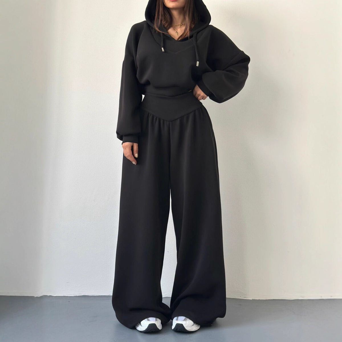 Women’s V-Neck Cropped Hoodie & Wide Leg Pants 2-Piece Set