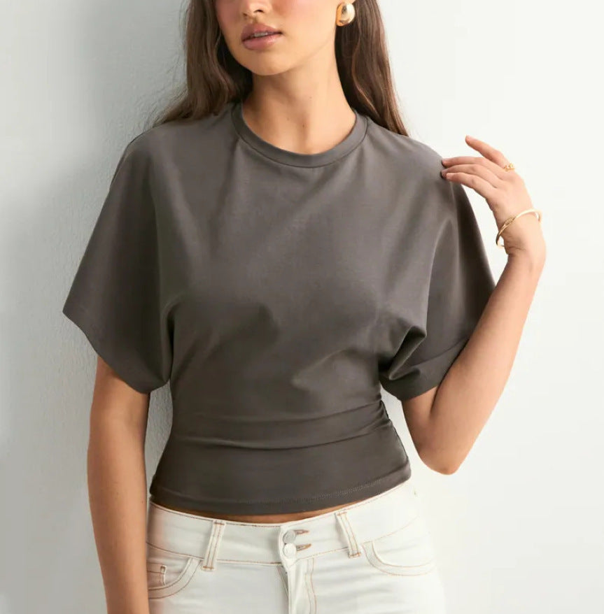Solid Crew Neck Batwing Long Sleeve Top