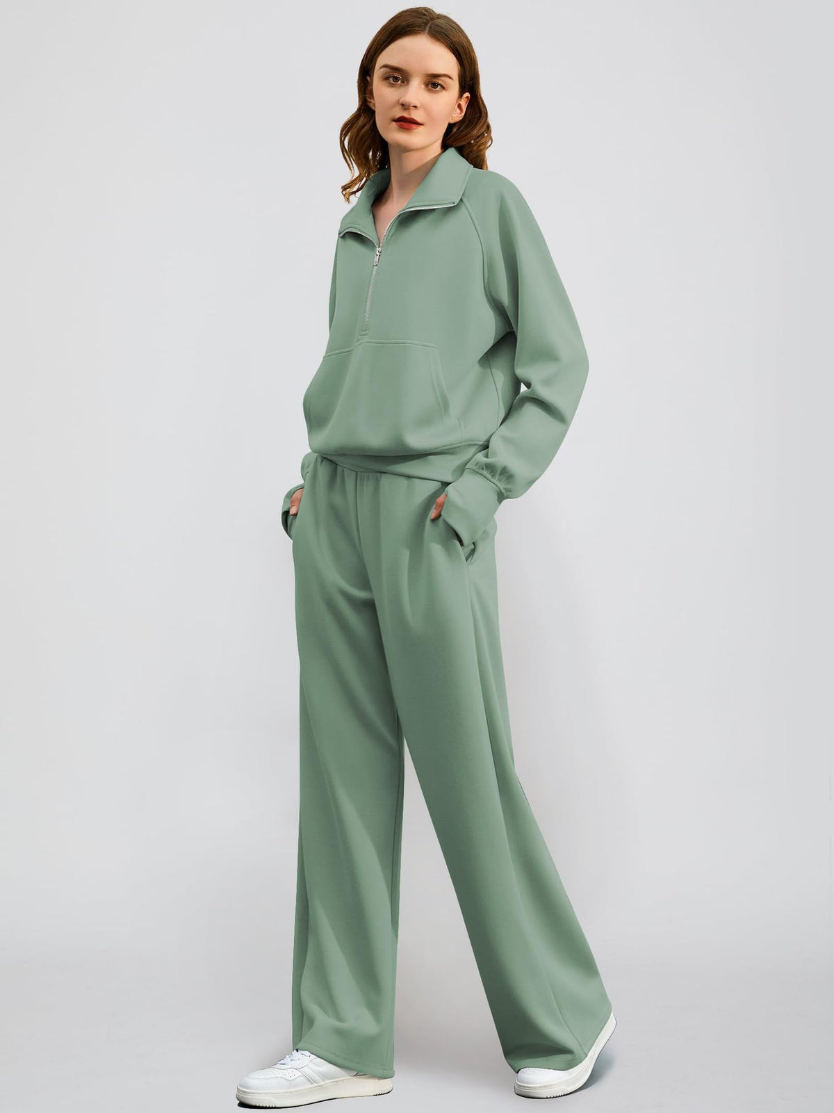 Women’s Half-Zip Sweatshirt Wide Leg Pants 2-Piece Set