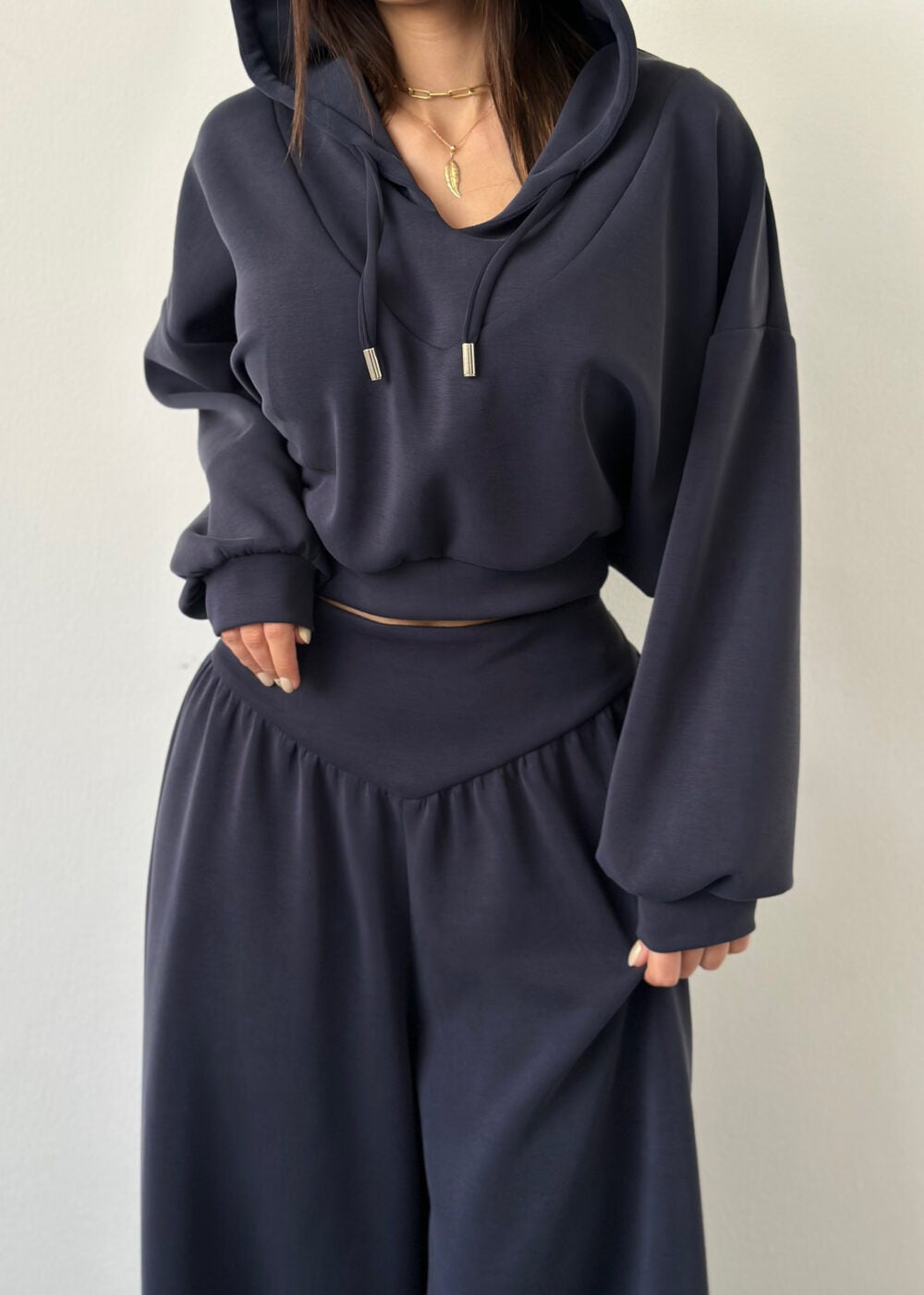 Women’s V-Neck Cropped Hoodie & Wide Leg Pants 2-Piece Set
