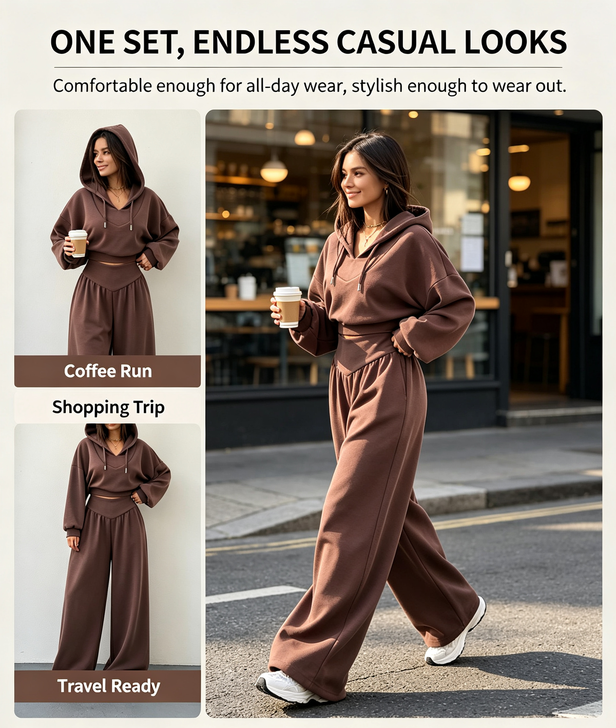 Women’s V-Neck Cropped Hoodie & Wide Leg Pants 2-Piece Set