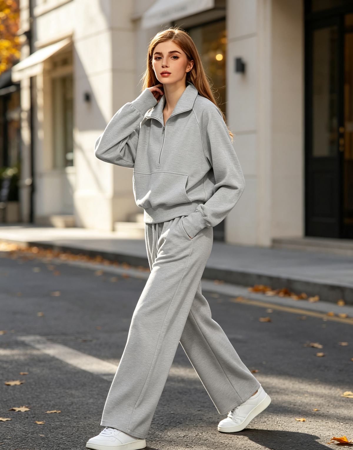 Women’s Half-Zip Sweatshirt Wide Leg Pants 2-Piece Set