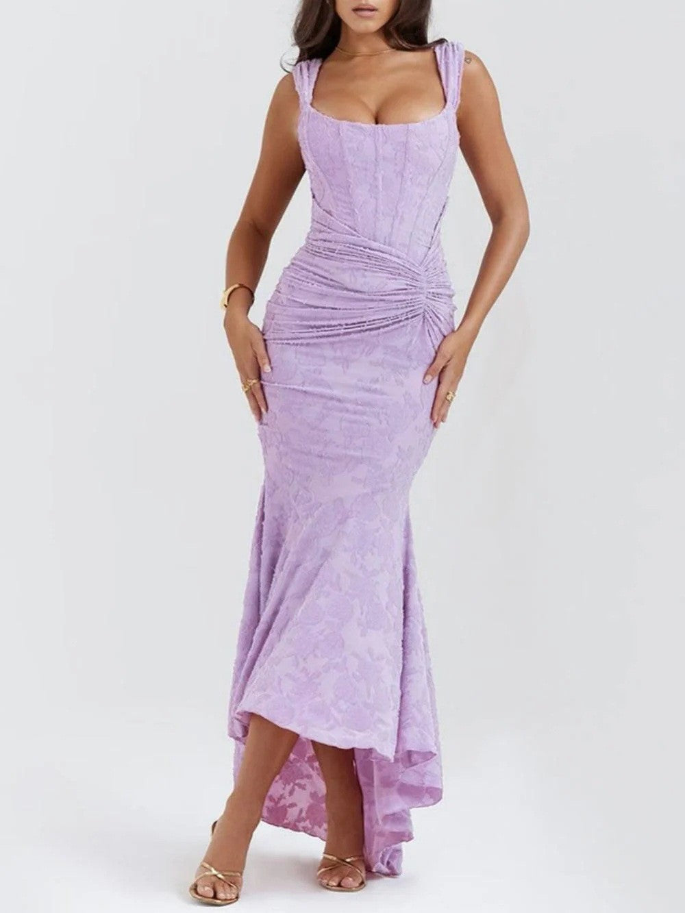 Textured Floral Corset Midi Dress | Low Square Neck Evening Gown