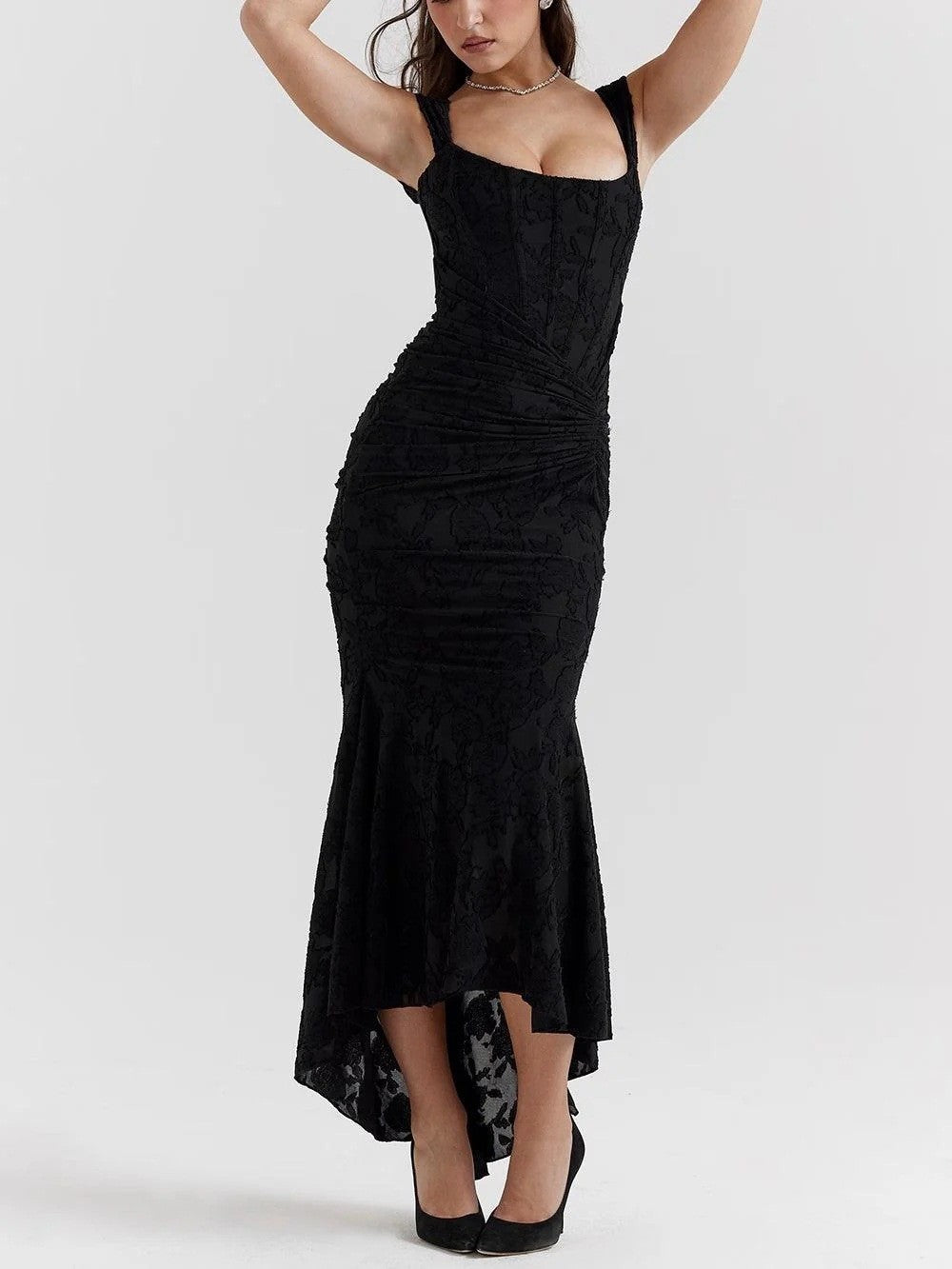 Textured Floral Corset Midi Dress | Low Square Neck Evening Gown