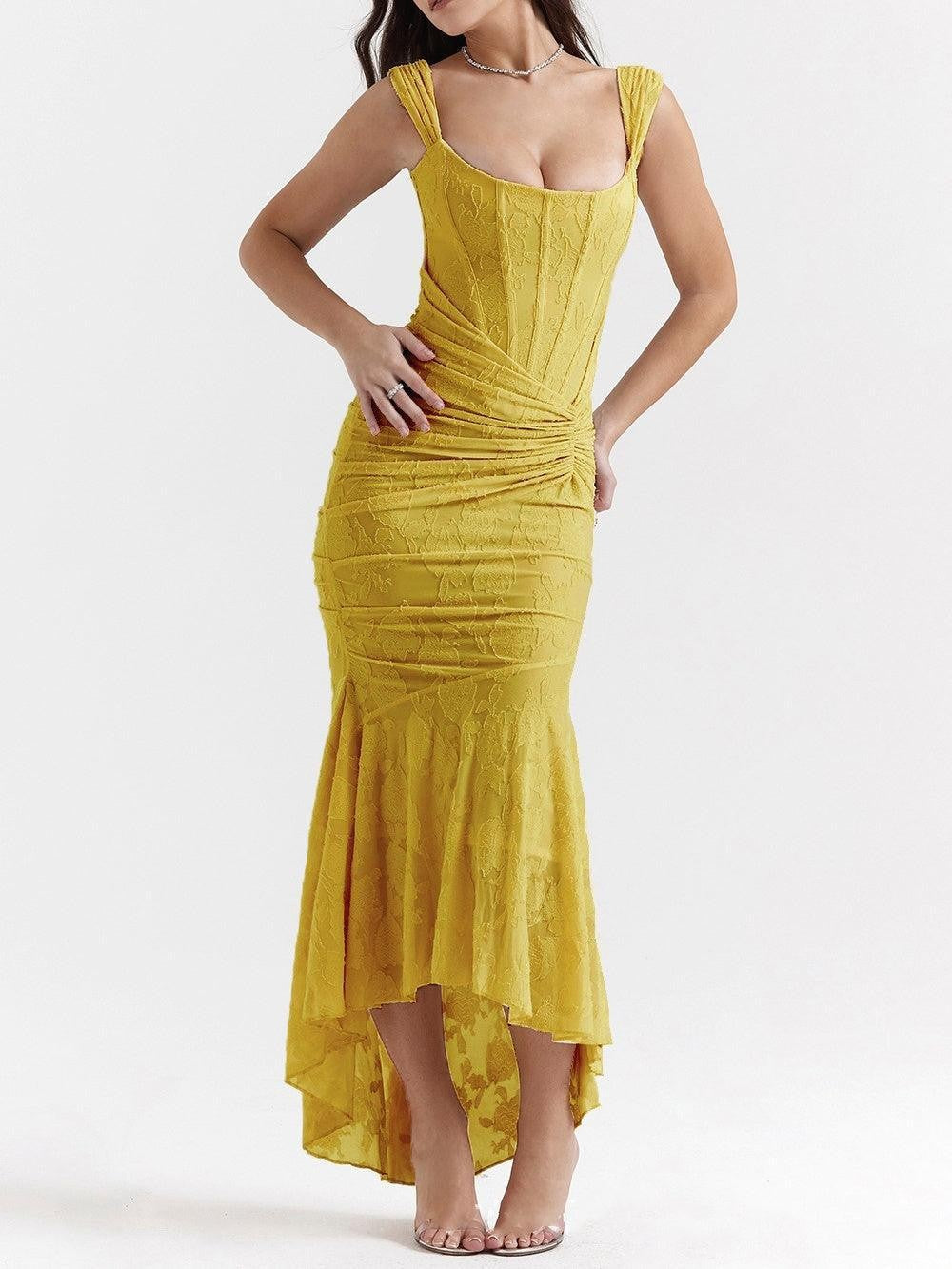 Textured Floral Corset Midi Dress | Low Square Neck Evening Gown