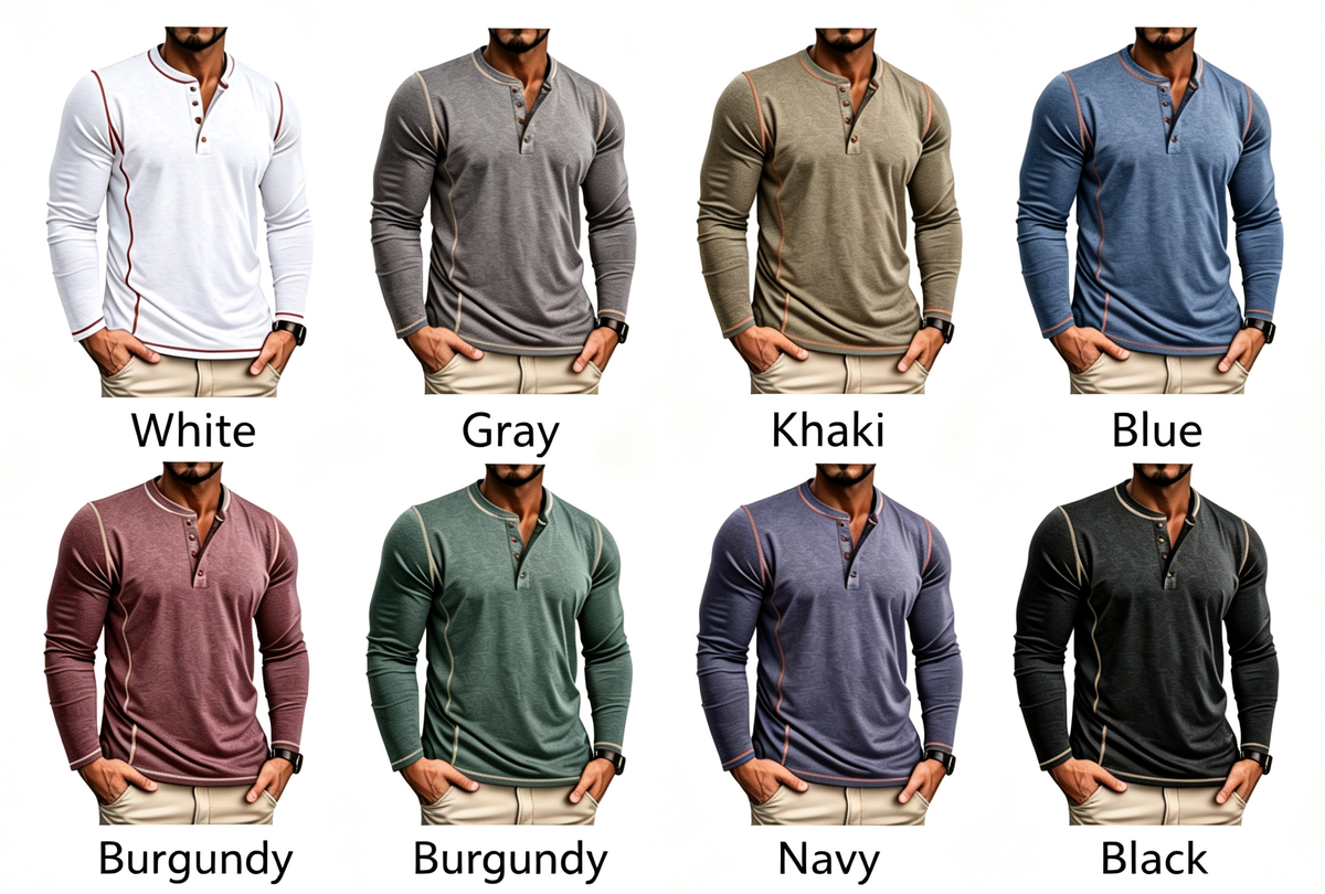 Men's Contrast Stitching Long Sleeve Henley T-Shirt