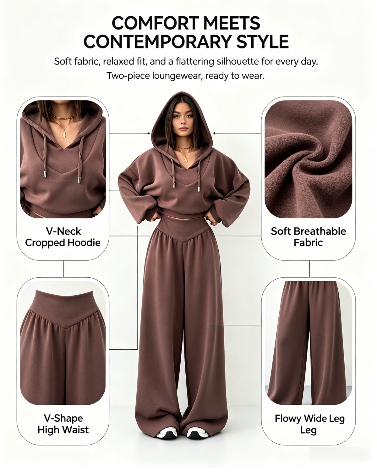 Women’s V-Neck Cropped Hoodie & Wide Leg Pants 2-Piece Set