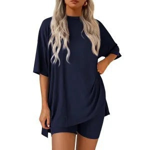 Women Solid Loose Short Sleeve Loungewear Set