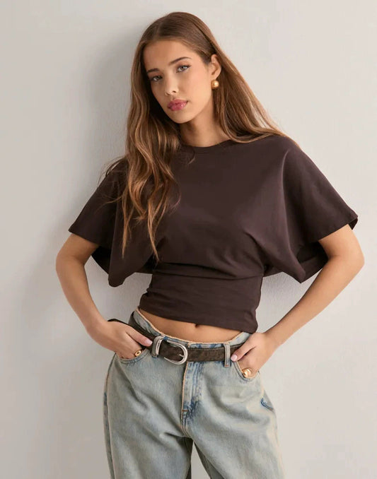Solid Crew Neck Batwing Long Sleeve Top