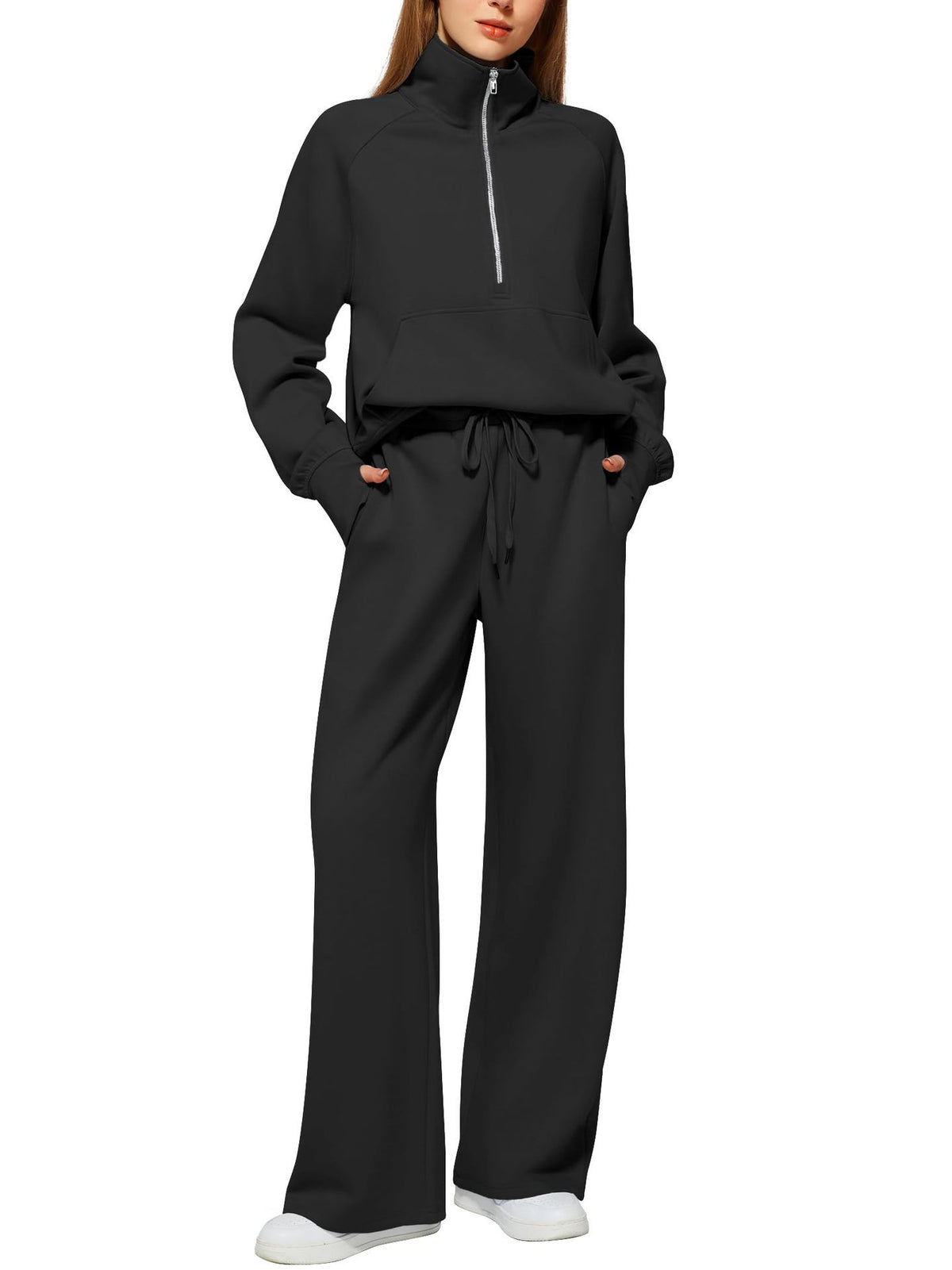 Women’s Half-Zip Sweatshirt Wide Leg Pants 2-Piece Set