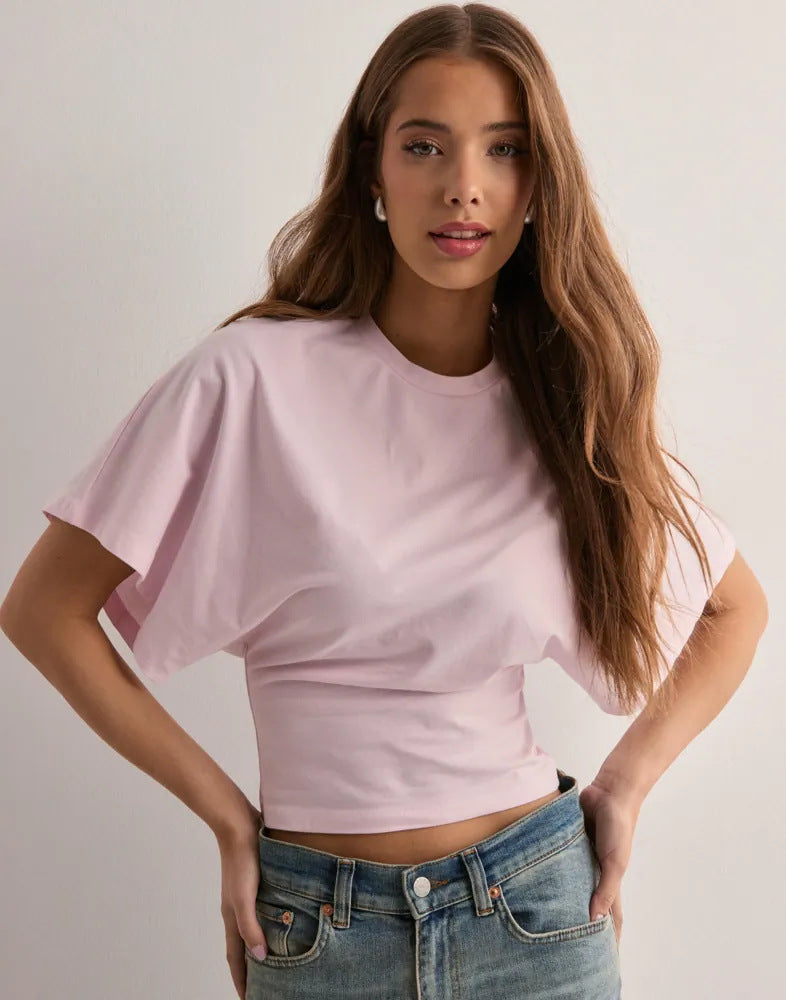Solid Crew Neck Batwing Long Sleeve Top
