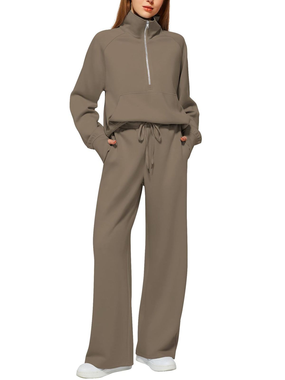 Women’s Half-Zip Sweatshirt Wide Leg Pants 2-Piece Set
