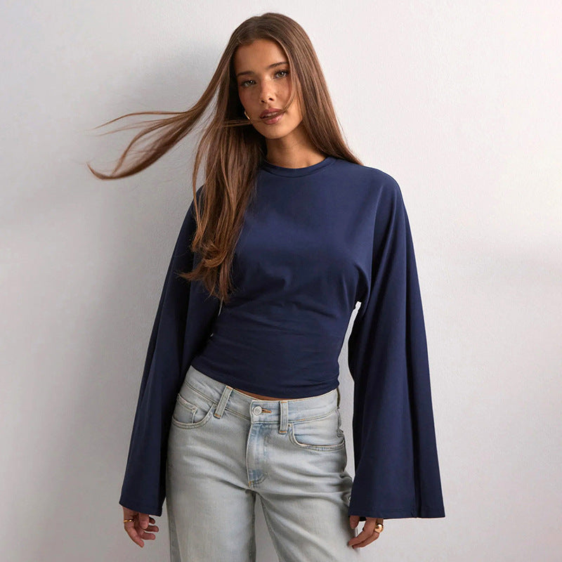Solid Crew Neck Batwing Long Sleeve Top