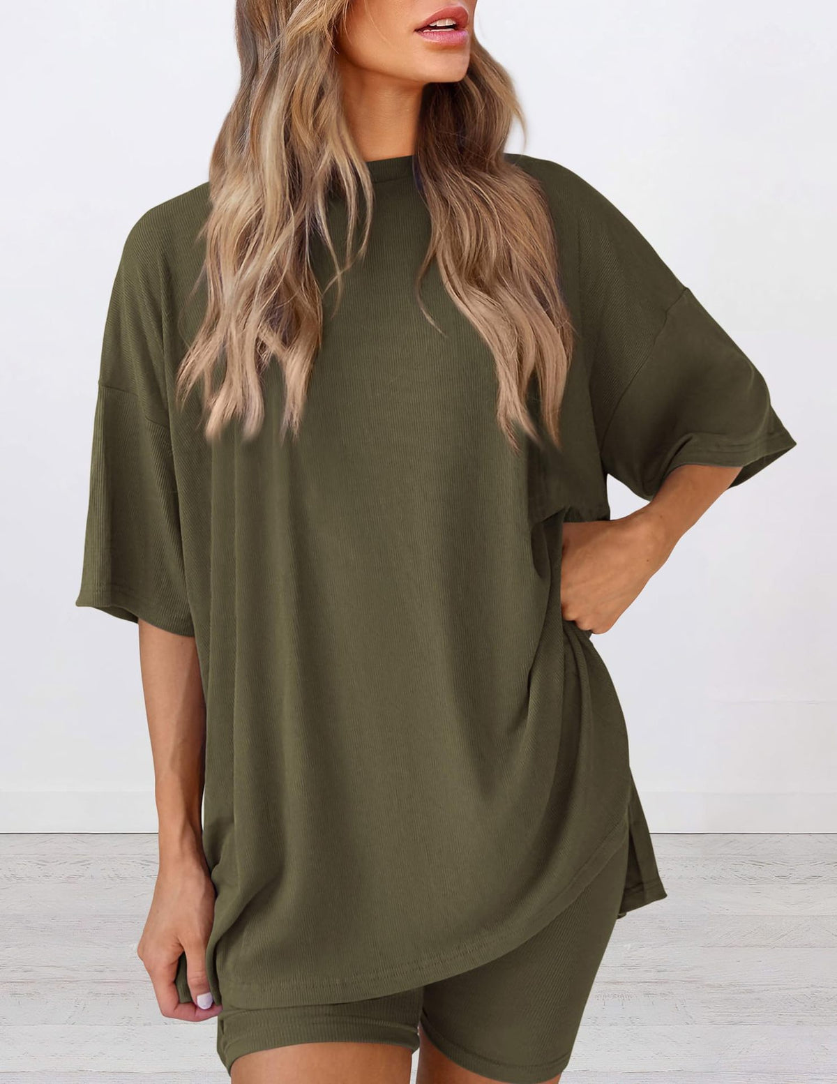 Women Solid Loose Short Sleeve Loungewear Set