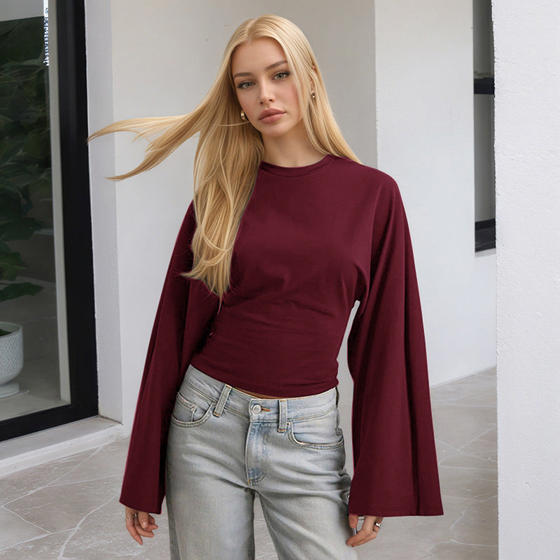 Solid Crew Neck Batwing Long Sleeve Top