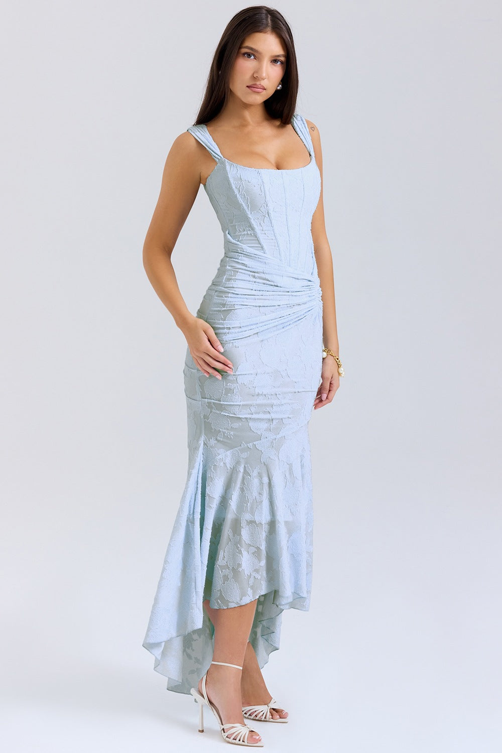 Textured Floral Corset Midi Dress | Low Square Neck Evening Gown