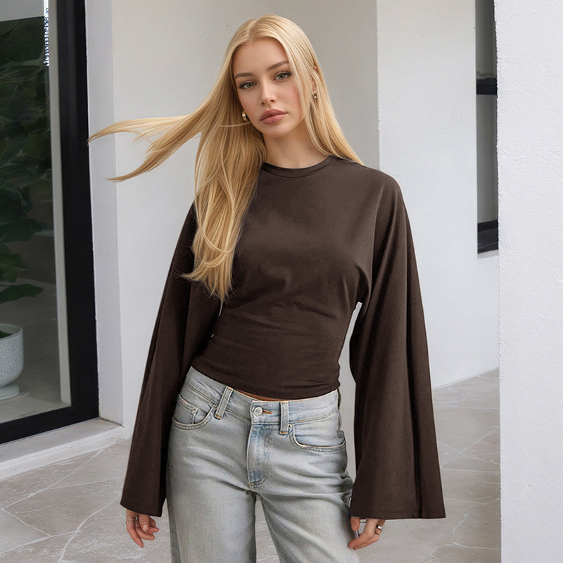 Solid Crew Neck Batwing Long Sleeve Top