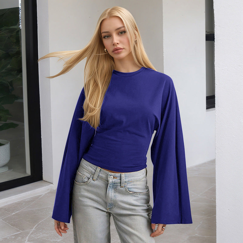 Solid Crew Neck Batwing Long Sleeve Top