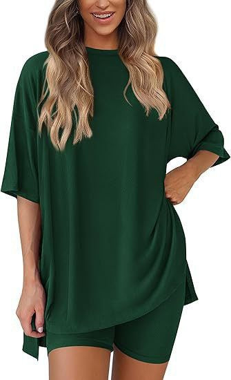 Women Solid Loose Short Sleeve Loungewear Set