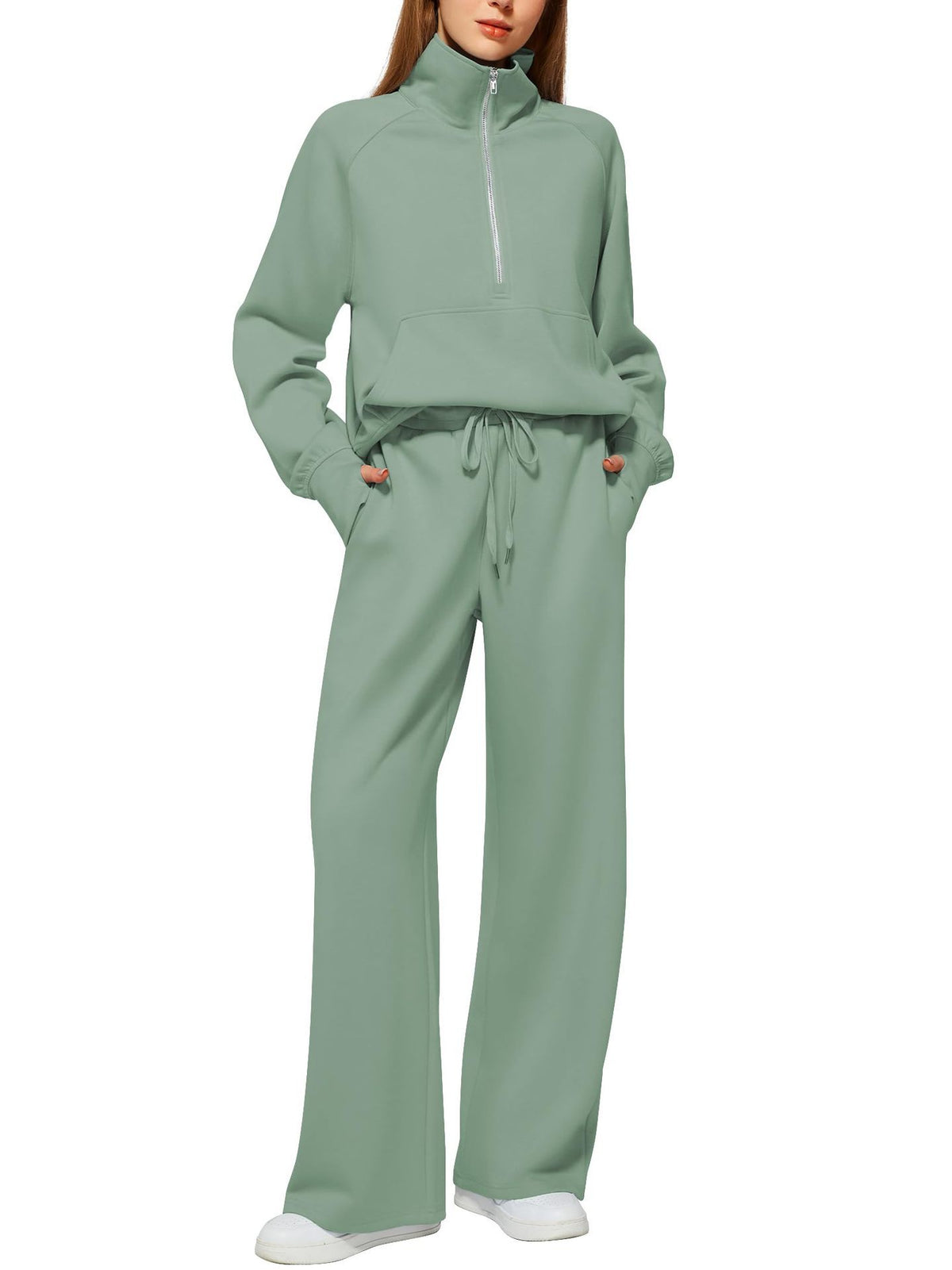 Women’s Half-Zip Sweatshirt Wide Leg Pants 2-Piece Set