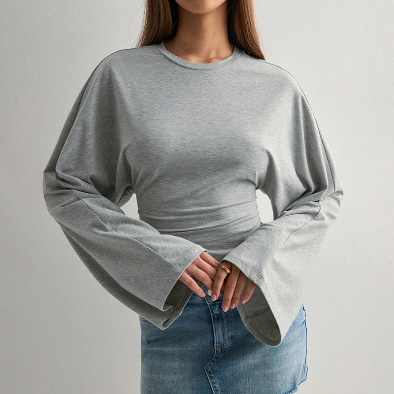 Solid Crew Neck Batwing Long Sleeve Top