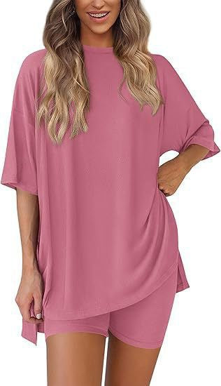 Women Solid Loose Short Sleeve Loungewear Set